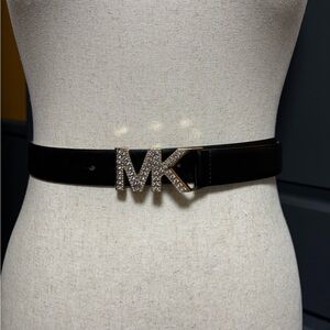 Michael Kors Black Leather Belt with Gold And Crystal Buckle